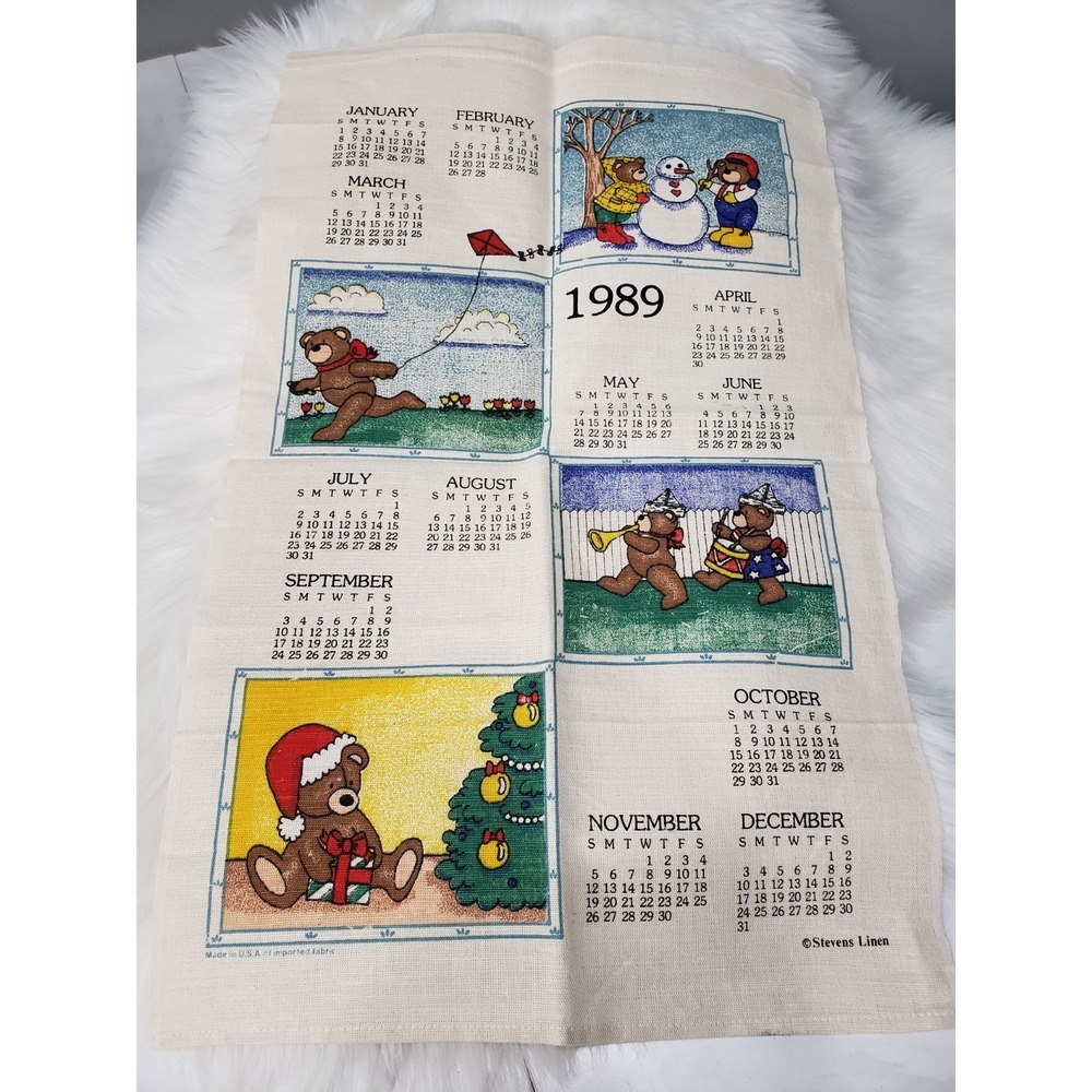 Vintage‎ Retro 1989 Calender Tea Towel BEARS christmas four seasons cottagecore